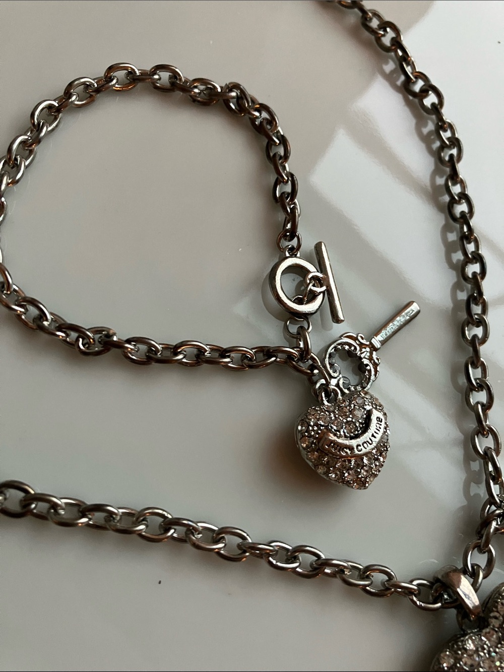 Juicy Couture Rhinestone Puffy Heart Toggle Silver Matching Necklace & Bracelet - Picture 5 of 7